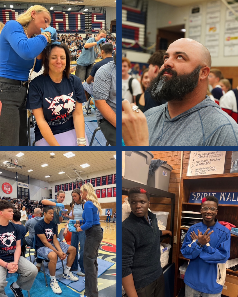 A collage of students, teachers, and administrators dying their hair for Wildcat Wishes.