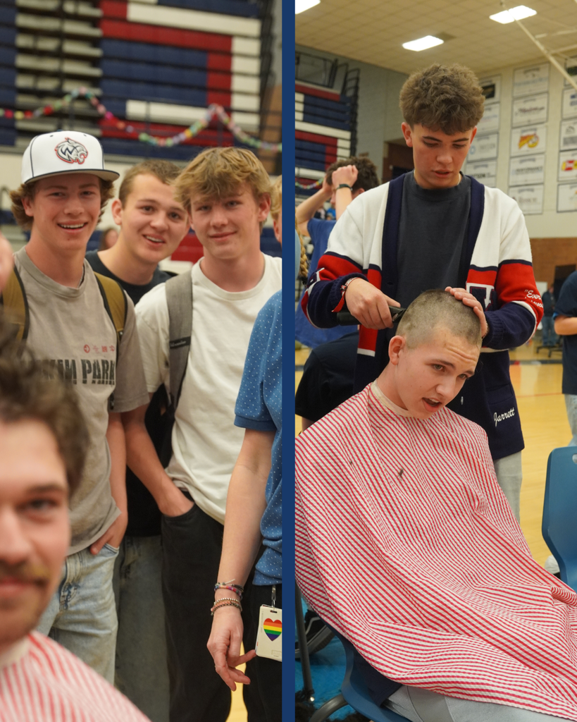 A collage of students getting their hair shaved by their friends.