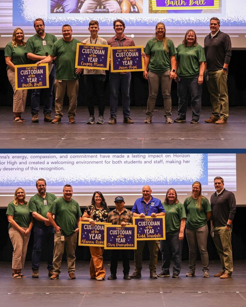 Two groups of people smiling while holding up signs for custodian of the year and finalists custodian of the year.