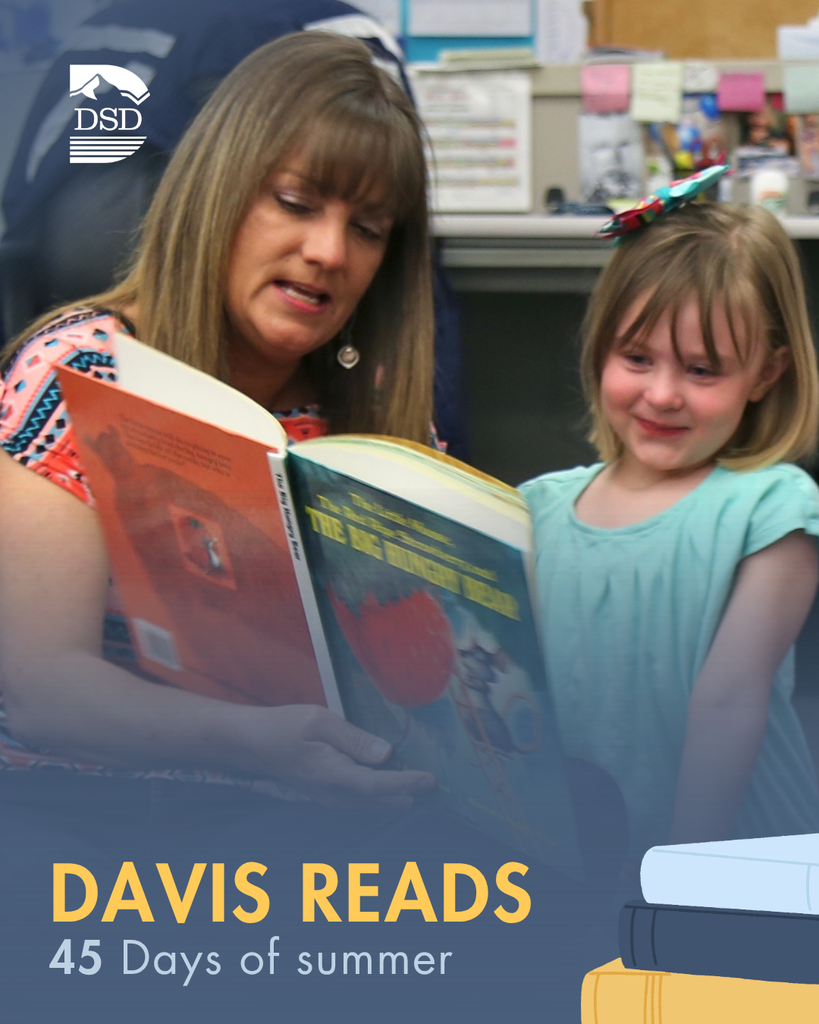 A parent and student reading a book. Davis Reads 45 Days of Summer