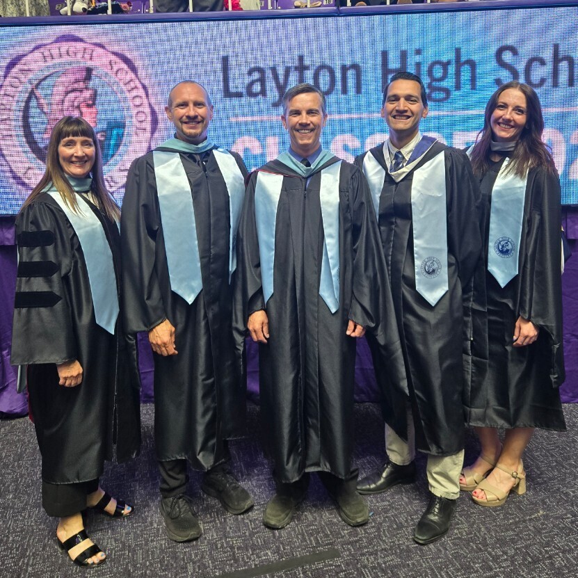 picture of the layton high administration team at graduation - mrs. Higgins, mr. king, mr. jackman, mr. castro, and mrs. cannon