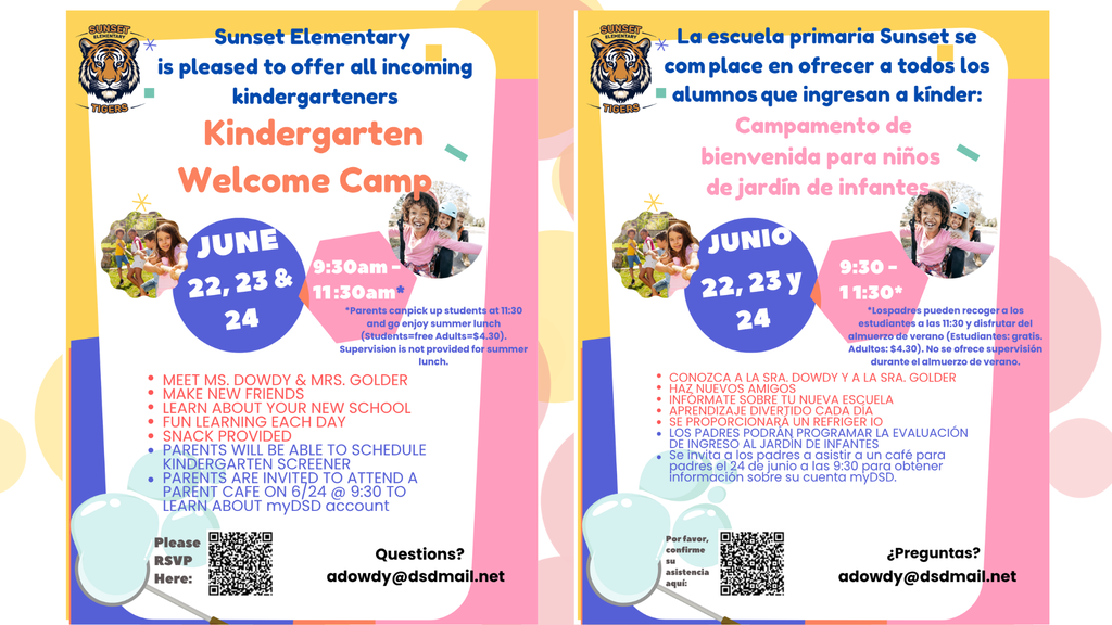 Kindergarten Camp 2026 flyer in both English and Spanish. Flyers state that a camp for all incoming kindergarteners will be held June 22-24, 2026 from 9:30-11:30 am.