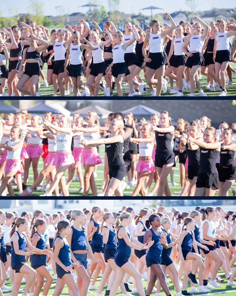 Three shots of the field where 400 cheerleaders are practicing their routine they learned during the unity event