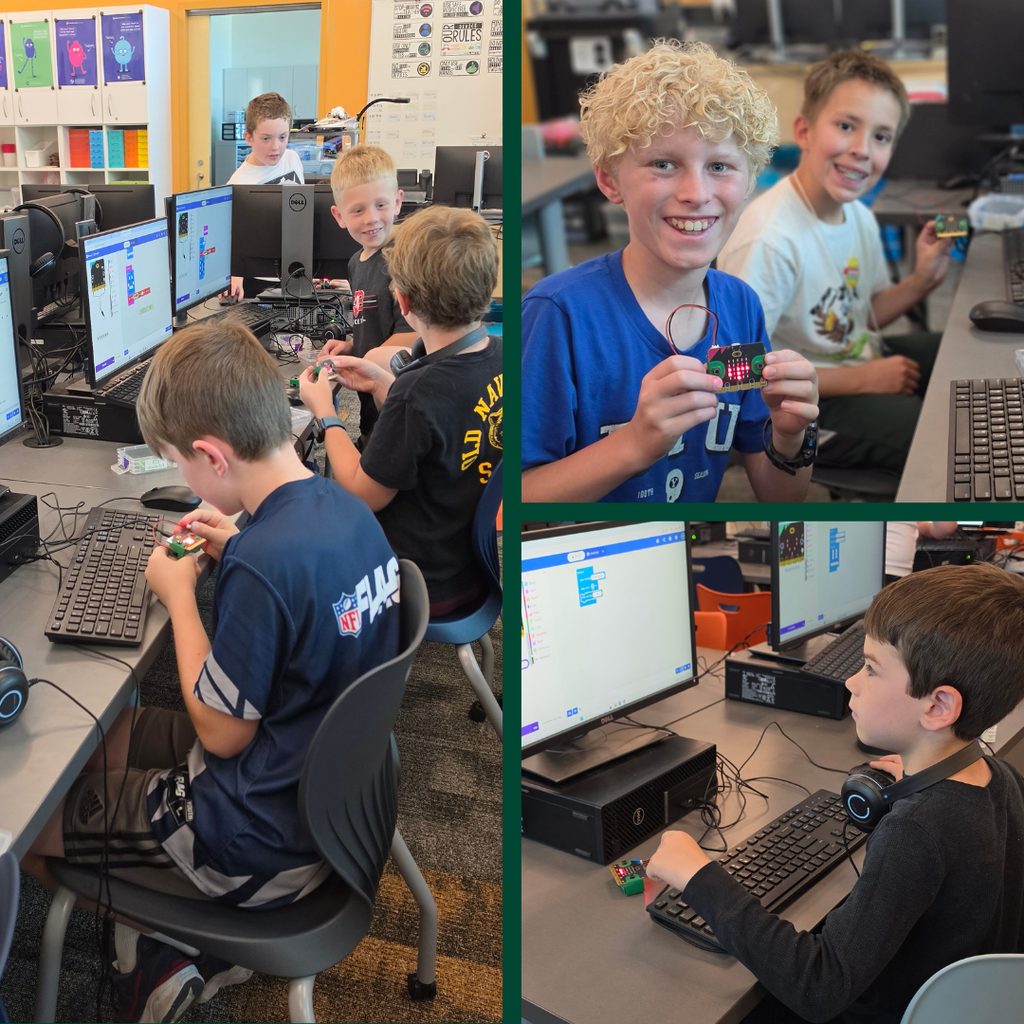 Photo collage of Bounitful elementary students working with micro:bits at computer stations and holding up their coded projects.