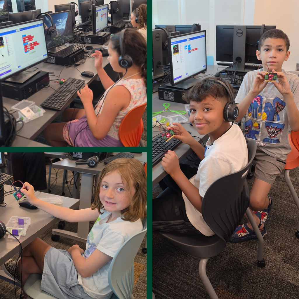 Photo collage of Bountiful elementary students coding and testing micro:bit name tags during summer school.
