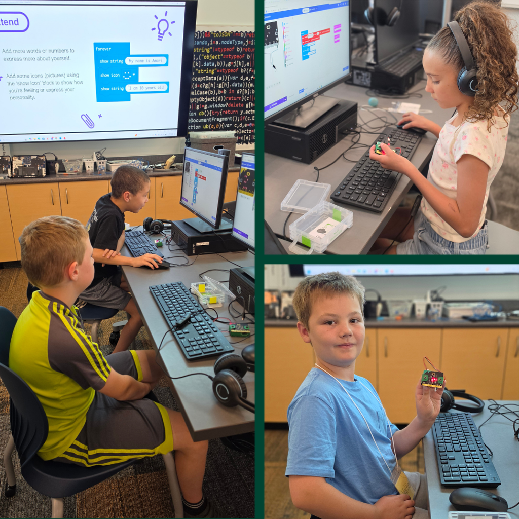 Photo colllage of Bountiful elementary students coding micro:bit name tags on computers and showing their projects.