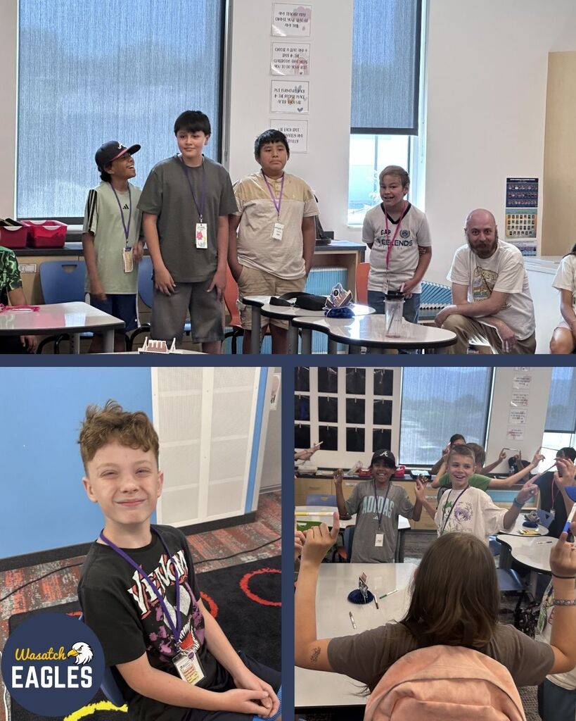 A small group of students stands at the front of a classroom presenting to peers while an adult sits nearby. Below, students gathered around desks participate in an interactive activity, raising hands and holding small objects in a classroom setting.