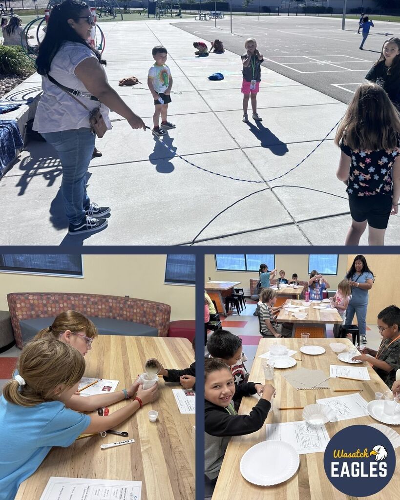 Students participate in an outdoor activity using a long rope marked on the ground, spaced apart on a paved playground with court lines. Below, small groups of students sit at tables indoors using cups, paper filters, and worksheets for a hands-on science or STEM activity involving liquids.