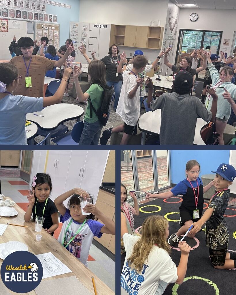 A classroom scene shows a group of students standing in a circle holding small objects during a group activity focused on collaboration and movement. Below, pairs of students work together indoors, holding materials and interacting as part of a hands-on learning or STEM task.