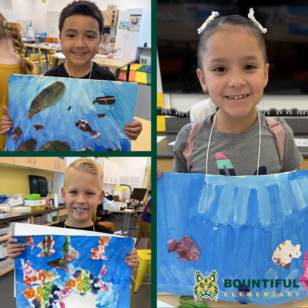 Photo collage of Bountiful elementary students displaying underwater scene artwork created during summer school. program.