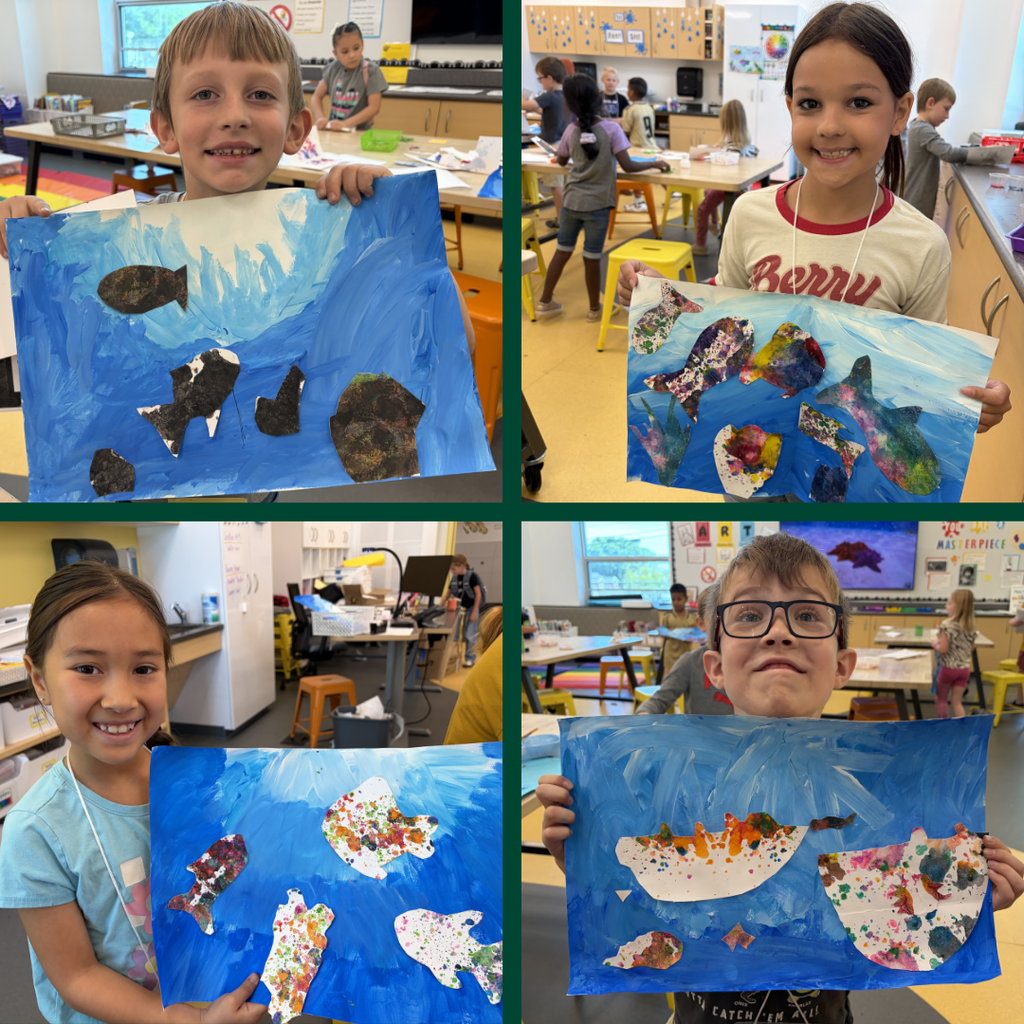 Photo collage of Bountiful elementary students displaying underwater scene artwork created during summer school. program.