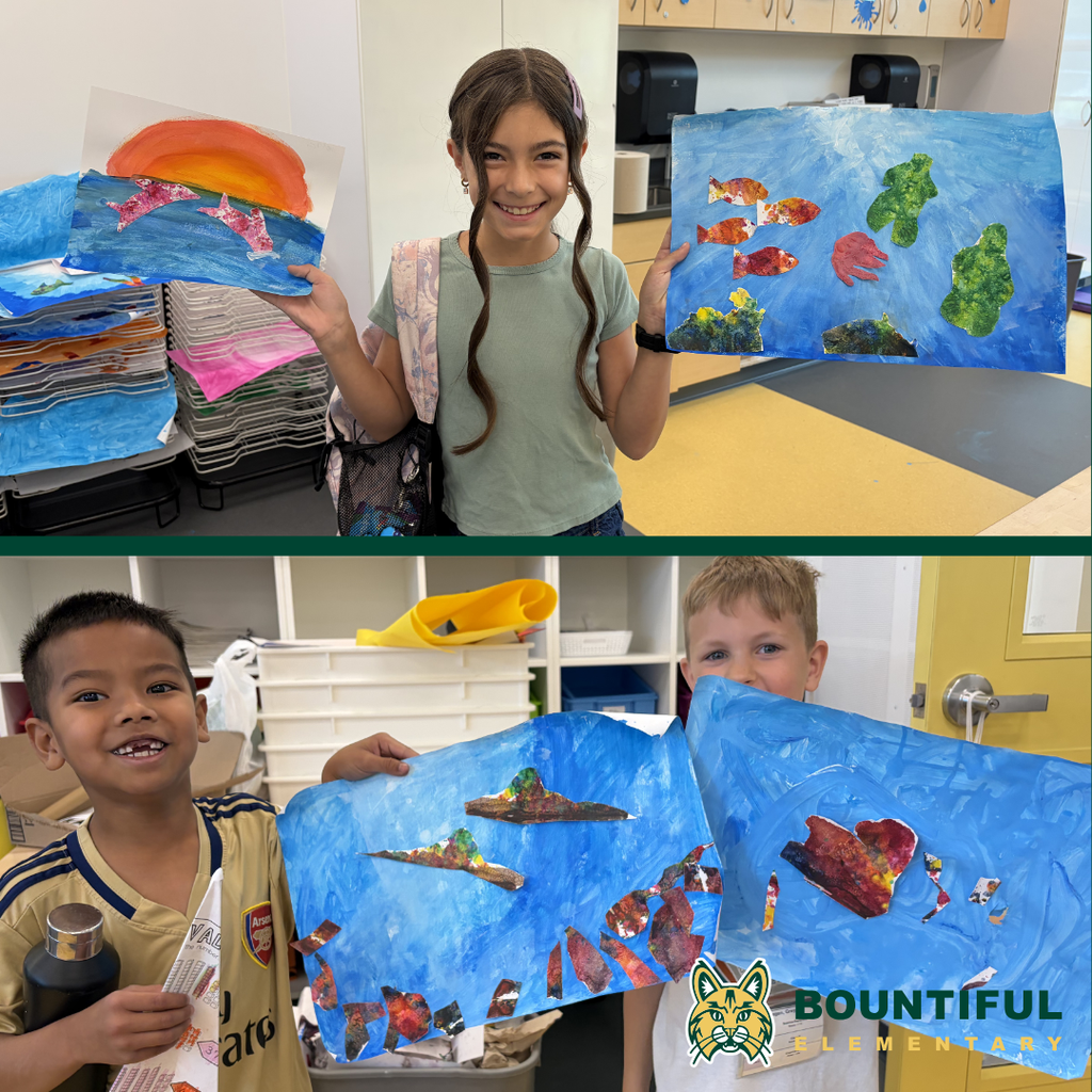 Photo collage of Bountiful elementary students displaying underwater scene artwork created during summer school. program.