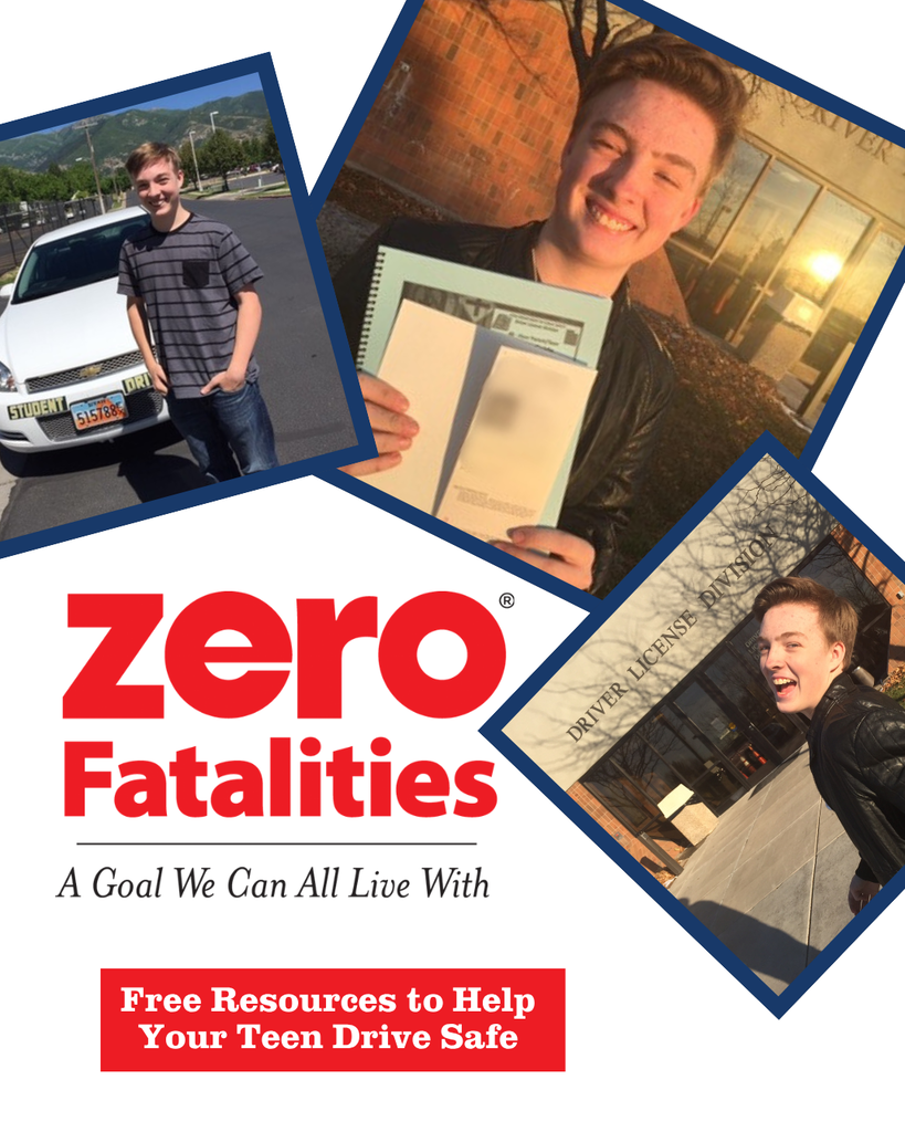 A student with their drivers permit. The graphic says: "Zero Fatalities: A goal we can all live with. Free resources to help your teen drive safe."