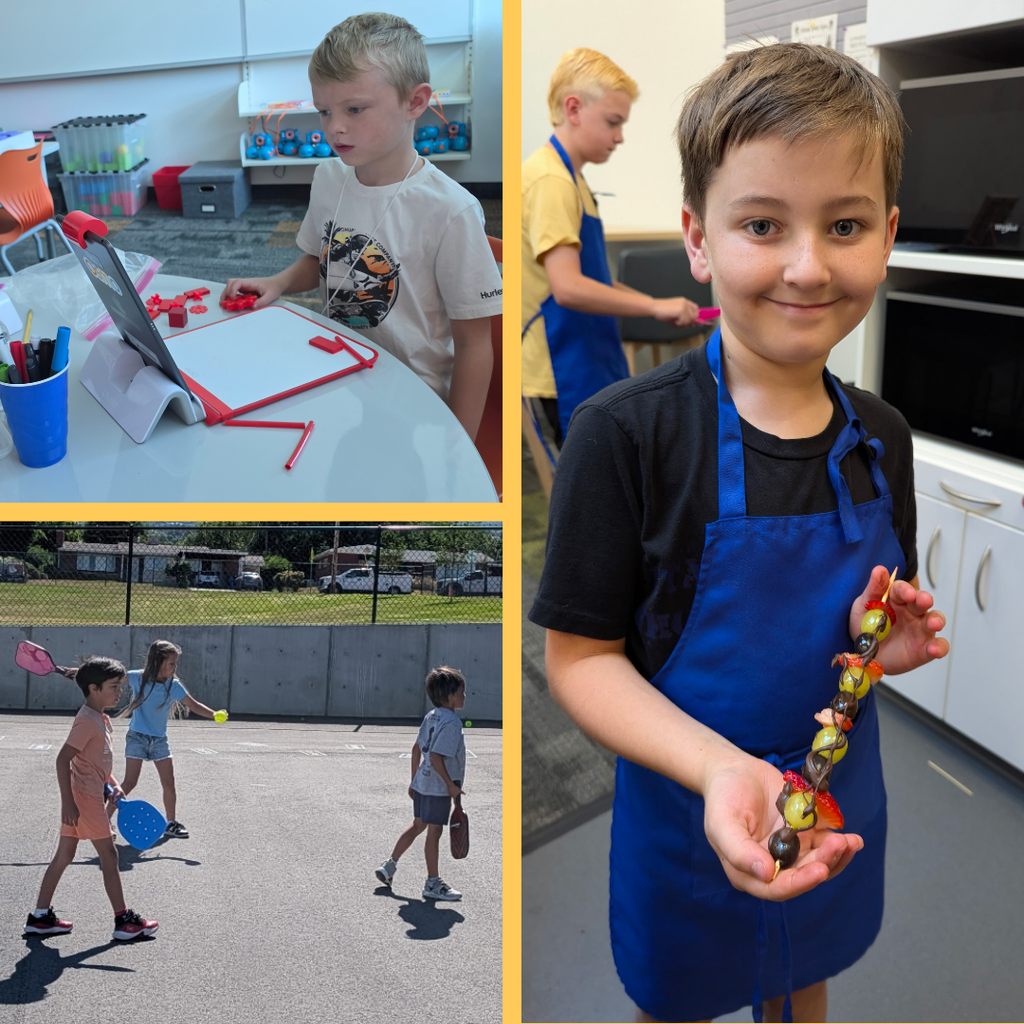 Photo collage of Bountiful elementary students exploring pickleball, using Osmo, and showcasing fruit skewer.
