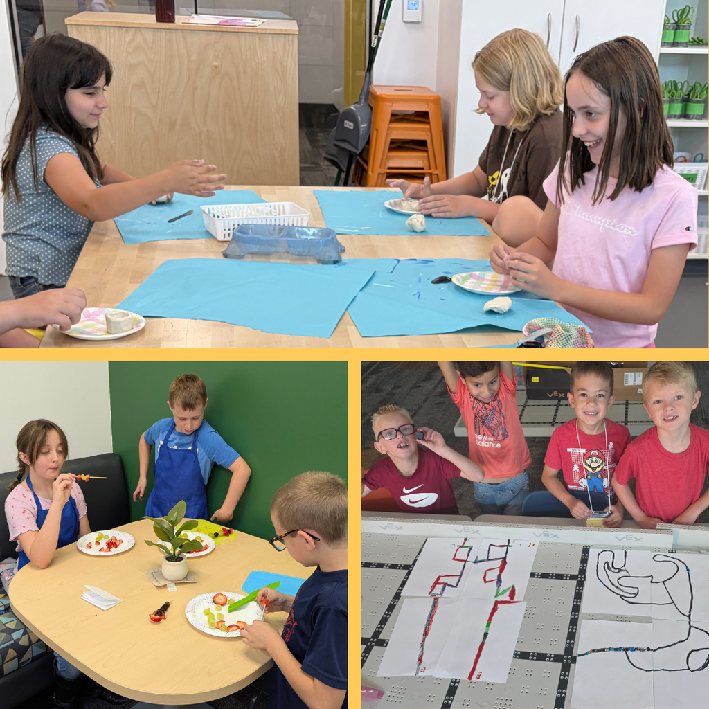 Photo collage of students working with air-dry clay, fresh fruit snacks, and ozobot coding maps. 
