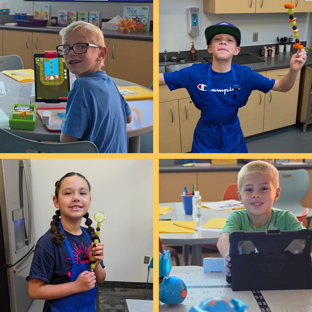 Photo collage of four Bountiful elementary students smiling as they engage in different activities as part of summer school.