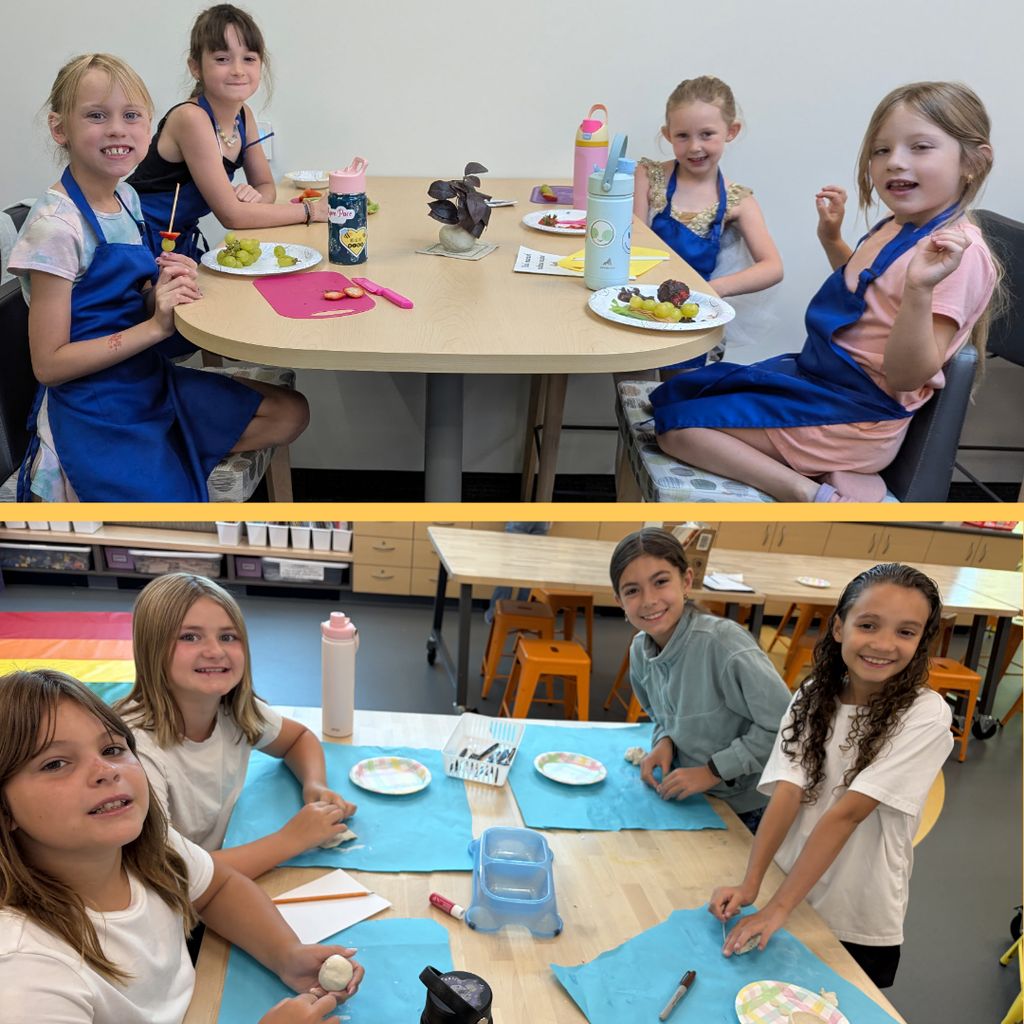 Photo collage of students working with air dry clay and fresh fruit snacks at tables.