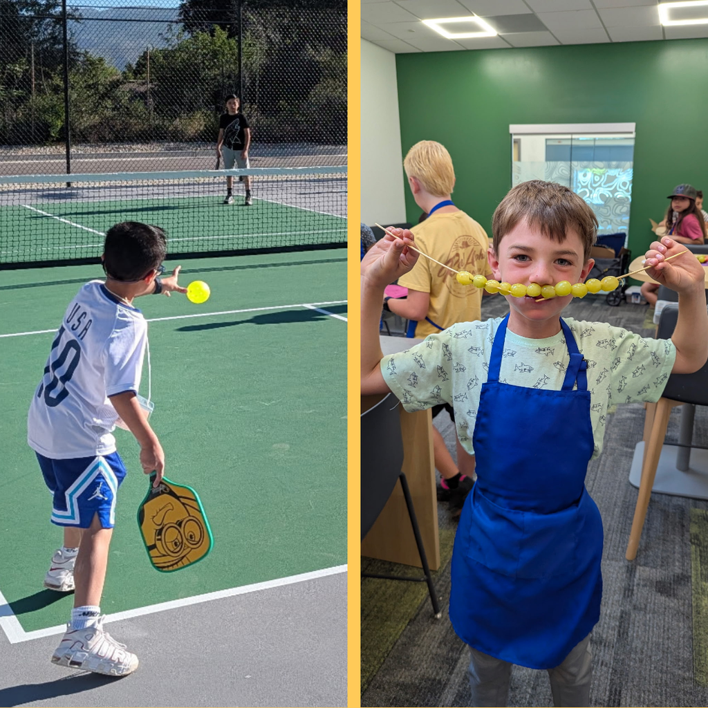 Photo collage of a student hitting a pickleball and another holding a skewer of grapes during summer school at Bountiful Elementary.