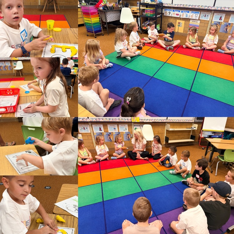 students using play doh to create letters, while practicing identifying letter names and their sounds; also playing a game with their teacher at the rug