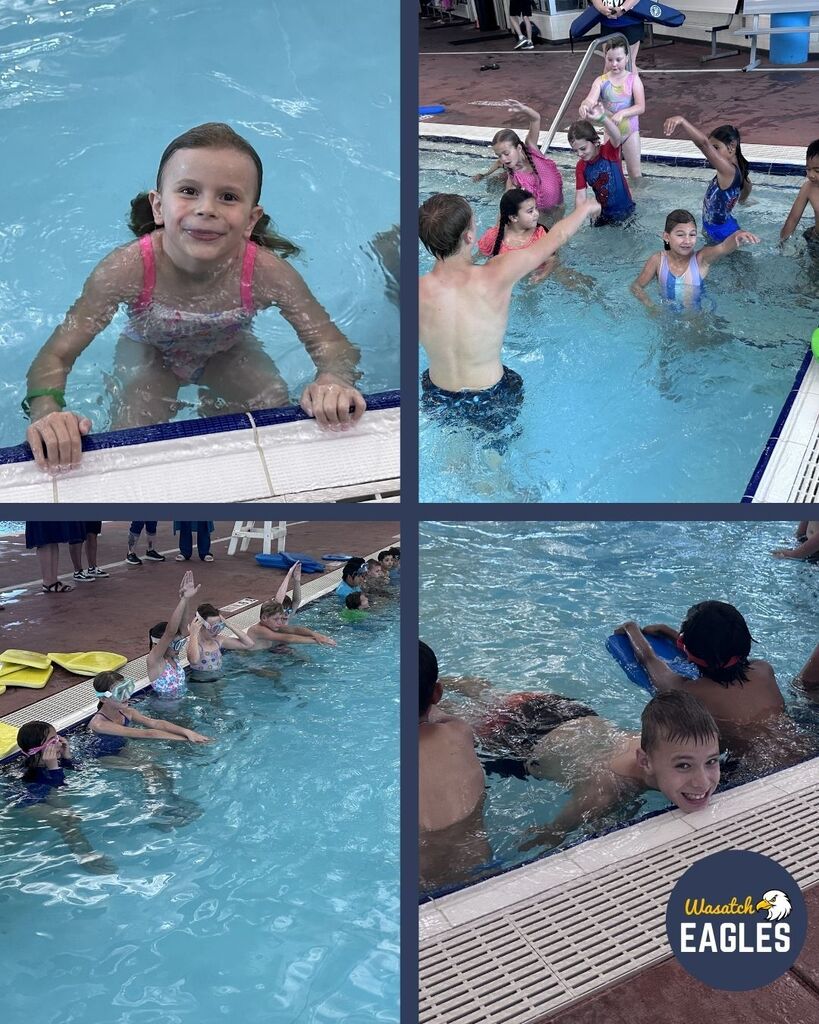 A four-photo collage shows children participating in swim lessons in an indoor pool. In the top left image, a child in a colorful swimsuit holds onto the pool edge, partially submerged in clear blue water. In the top right image, a group of children stand together in shallow water near the pool steps while an instructor leads an activity. In the bottom left image, several children sit along the pool edge with legs in the water, practicing coordinated arm movements, with yellow kickboards placed on the deck behind them. In the bottom right image, children practice kicking with kickboards while holding onto the pool edge. The pool deck, tiled flooring, and indoor facility structure are visible in the background. A “Wasatch Eagles” logo appears in the lower corner of the collage.