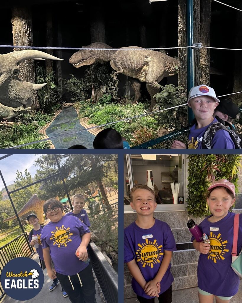 Collage of Wasatch Summer Camp students visiting a dinosaur park. The top image shows an indoor exhibit with large, lifelike dinosaur models, including a Tyrannosaurus rex and a horned dinosaur, surrounded by plants and trees, with a camper in a purple “Summer Camp” shirt and light-colored hat standing near a railing and looking toward the display. In the bottom left image, three campers wearing matching purple camp shirts walk along an outdoor pathway near a fenced area, with trees and a playground visible in the background and a “Wasatch Eagles” logo in the corner. In the bottom right image, two campers in purple “Summer Camp” shirts stand near a counter or concession window, holding water bottles and wearing name tags, with a textured wall and greenery behind them.