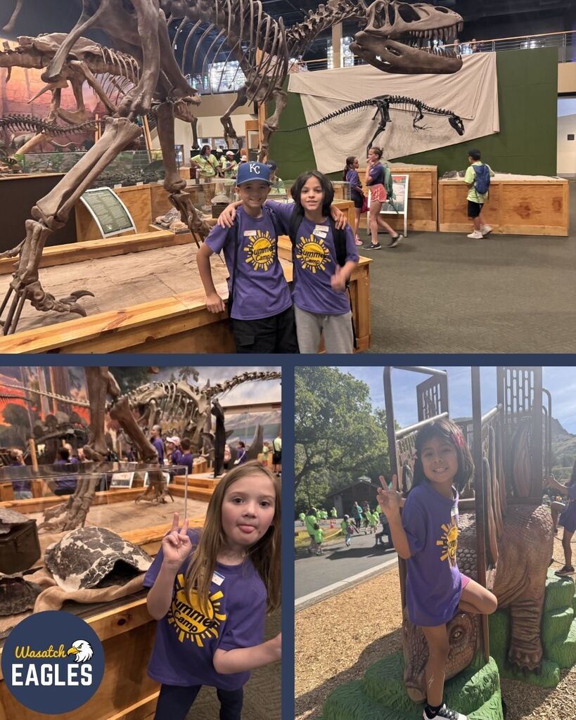 Collage of Wasatch Summer Camp students exploring a dinosaur museum and outdoor park. In the top image, two campers wearing purple “Summer Camp” shirts stand together with arms around each other in front of large dinosaur skeleton displays inside a museum. In the bottom left image, a camper in a purple camp shirt poses next to a fossil exhibit and gives a peace sign, with multiple dinosaur skeletons and display cases visible behind them, along with a “Wasatch Eagles” logo in the corner. In the bottom right image, a camper in a purple shirt poses on a playground structure designed to look like a dinosaur, with other children and trees visible in the background on a sunny day.