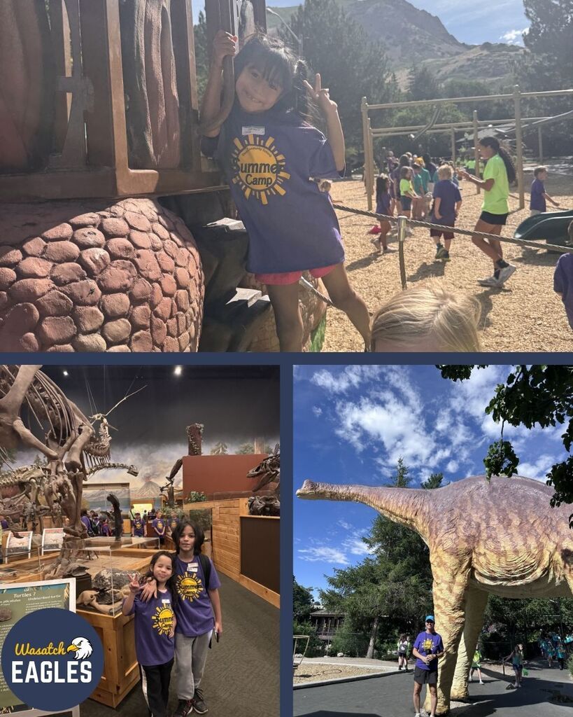 Collage of Wasatch Summer Camp students visiting a dinosaur park. One image shows a camper in a purple “Summer Camp” shirt climbing on a dinosaur-themed playground structure with mountains in the background while other children play nearby. Another image shows two campers standing inside a museum exhibit surrounded by large dinosaur skeletons and fossil displays, both wearing matching purple camp shirts, with a “Wasatch Eagles” logo in the corner. A third image shows a large outdoor dinosaur statue towering above a visitor and other guests walking along a path under a blue sky.