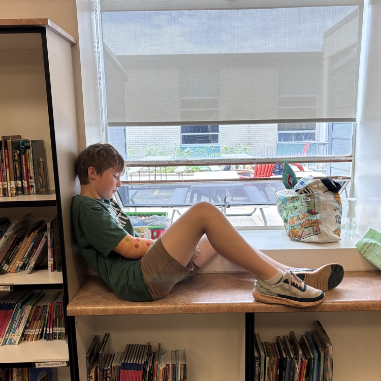 boy reading on window ledge