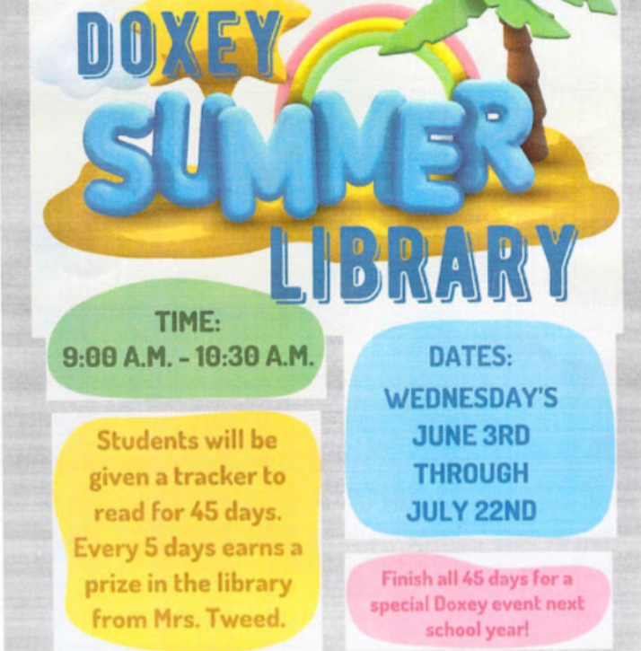 A screenshot of a social media flyer titled "Doxey Summer Library" featuring a beach and rainbow background. The text states the time is 9:00 A.M. to 10:30 A.M., running Wednesdays from June 3rd through July 22nd. It notes students receive a 45-day reading tracker to earn prizes from Mrs. Tweed and a special school event next year.