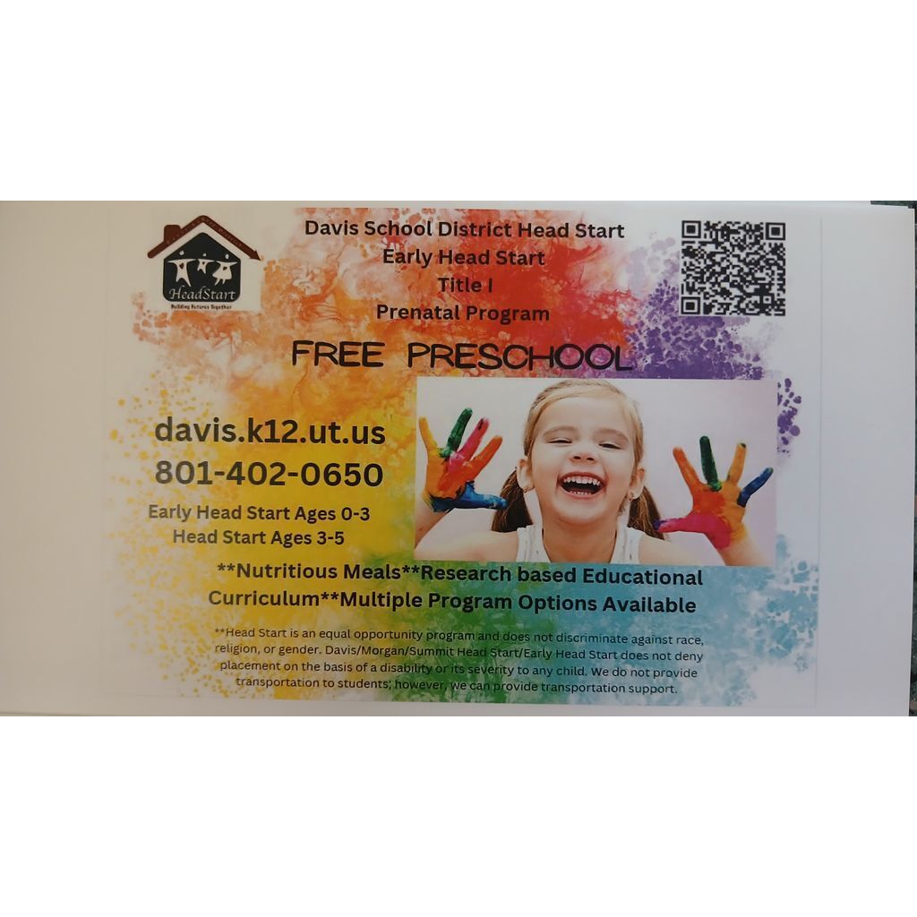 An informational flyer in English for Davis School District Head Start. It states "FREE PRESCHOOL," "Head Start Ages 3-5," "Research Based Educational Curriculum," and "Multiple Program Options Available." It provides contact information: davis.k12.ut.us and 801-402-0650. The flyer features colorful paint splashes, the Head Start logo, a smiling child with painted hands, and a QR code.