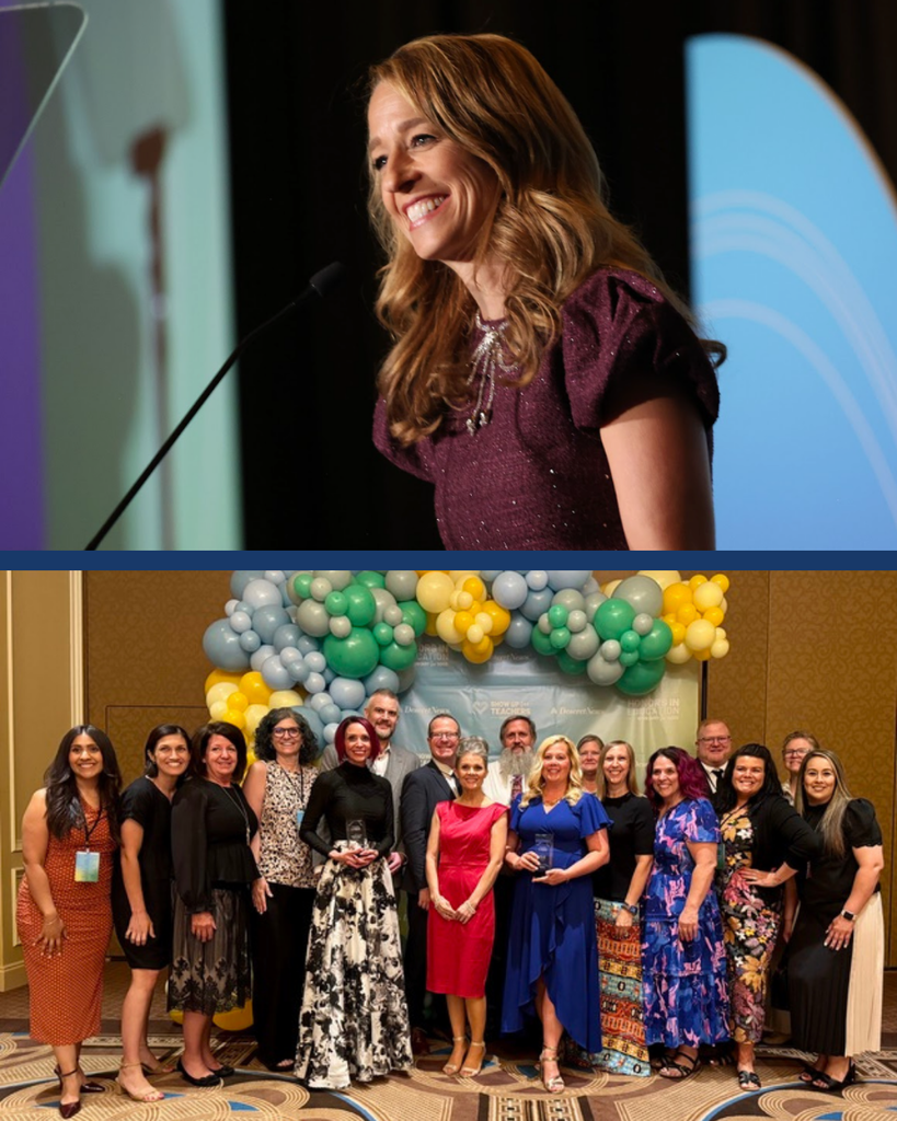 A collage of two photos. The top photo is of first lady Abby Cox. The bottom photo is of Davis School District supporters and admin celebrating our Show Up award winners.