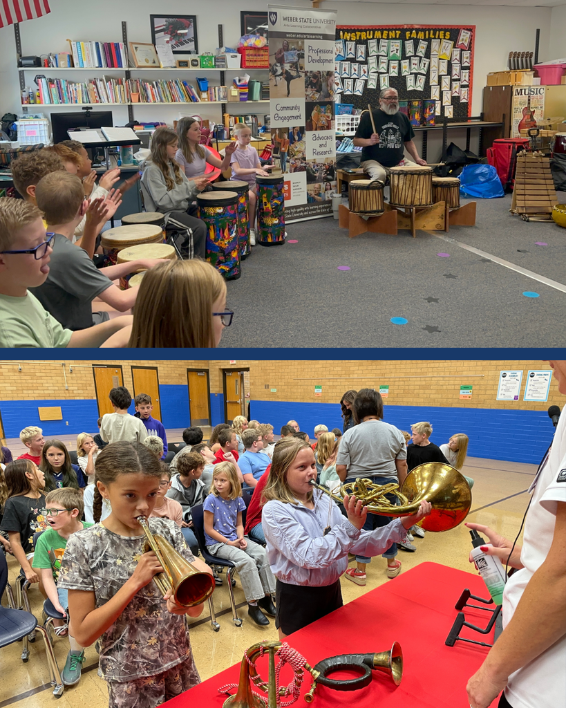 A collage of students trying new instruments.