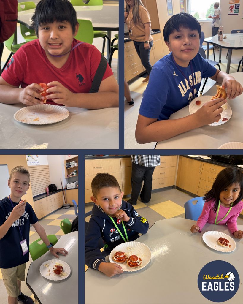 Four-photo collage showing Wasatch Summer Camp campers participating in a cooking activity. In the top two photos, campers sit at classroom tables eating homemade mini pizzas from paper plates. In the bottom left photo, a camper stands beside a table holding a mini pizza snack. In the bottom right photo, two campers sit together with paper plates displaying mini pizzas topped with sauce, cheese, and pepperoni. The activity takes place in a classroom kitchen setting with tables, chairs, and cabinets visible in the background. The Wasatch Eagles logo appears in the lower-right corner.