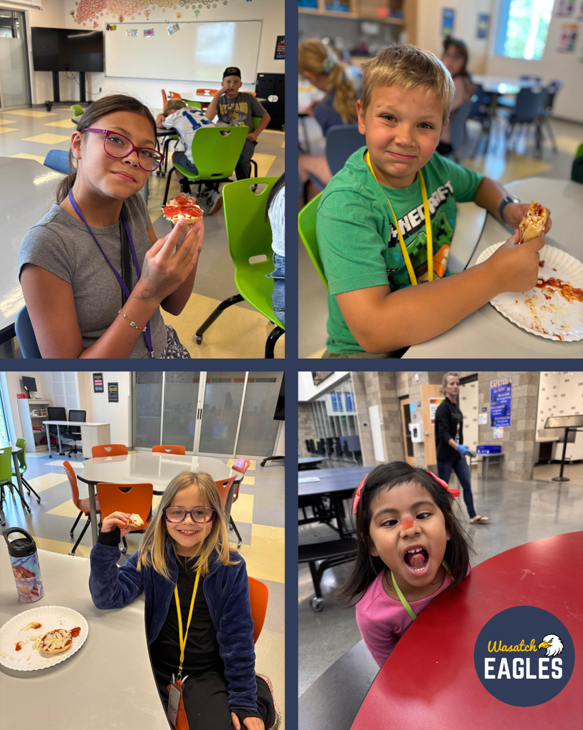 Four-photo collage showing Wasatch Summer Camp campers participating in a cooking activity. In the top two photos, campers sit at classroom tables eating homemade mini pizzas from paper plates. In the bottom left photo, a camper stands beside a table holding a mini pizza snack. In the bottom right photo, two campers sit together with paper plates displaying mini pizzas topped with sauce, cheese, and pepperoni. The activity takes place in a classroom kitchen setting with tables, chairs, and cabinets visible in the background. The Wasatch Eagles logo appears in the lower-right corner.