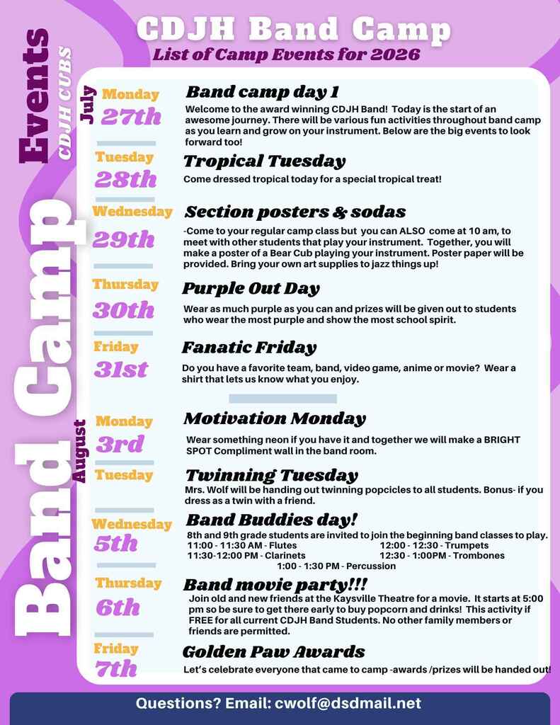 CDJH Band Camp Events List