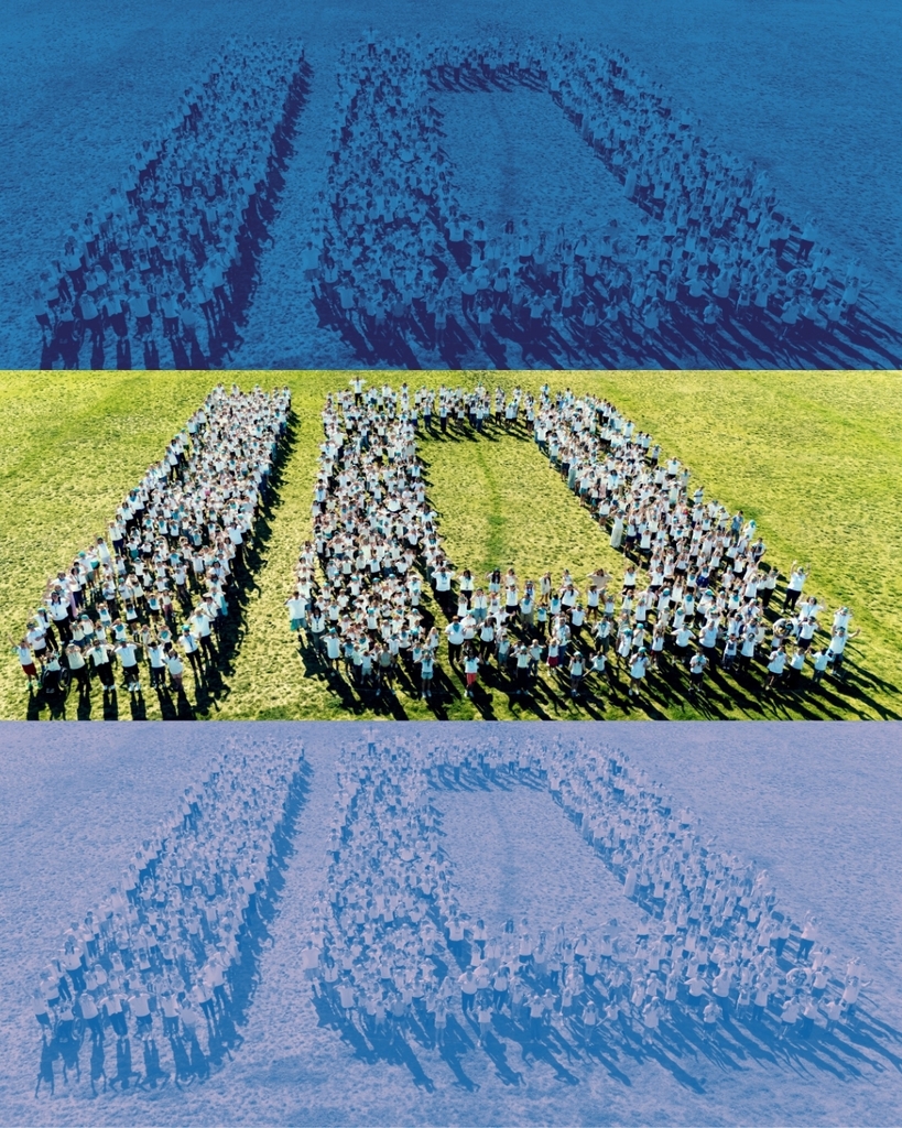 Three color overlayed photos of students standing together to make the number "ten".