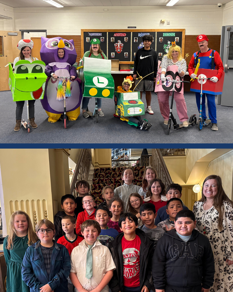 Two images of large groups of students smiling at the camera.
