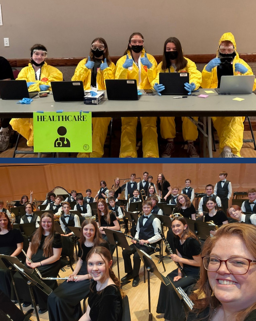 Two photos. The top photo is of students in yellow suits and the bottom photo is of a band.
