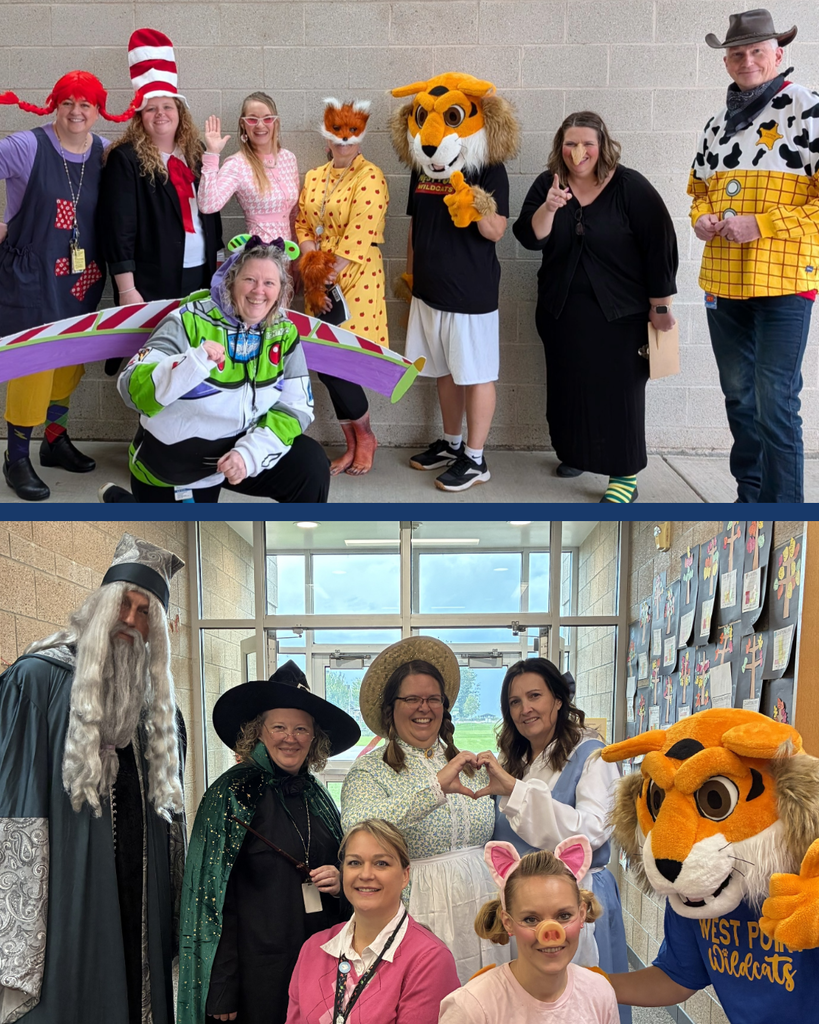 Group photos of teachers and admin dressed up. 
