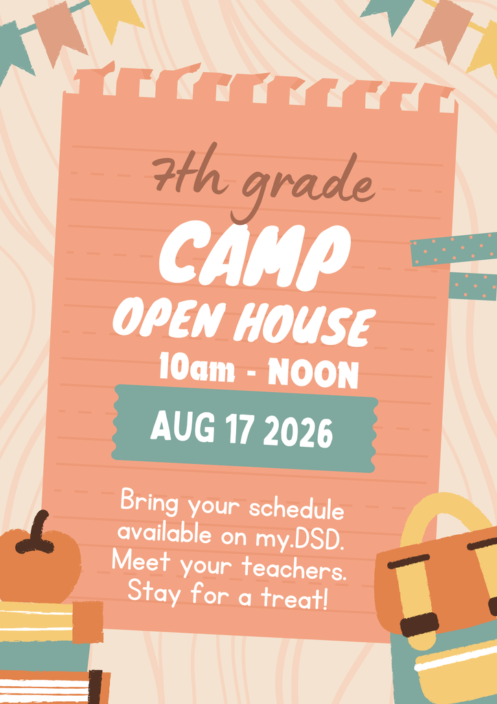 7th Grade Camp for all new students August 17 from 10 to Noon!