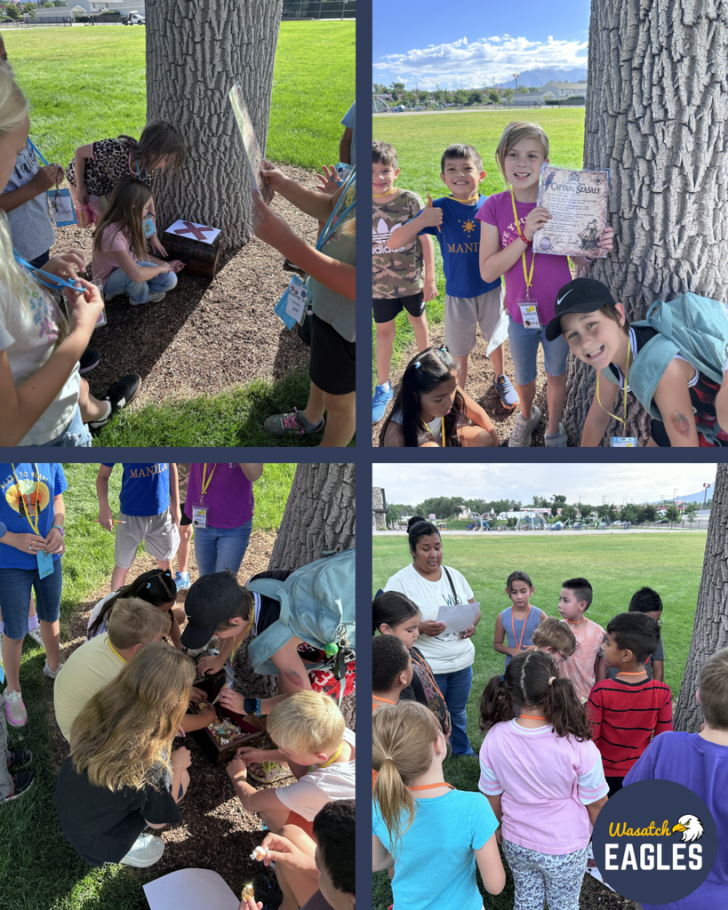 Photo collage of students participating in a summer camp treasure hunt on a grassy school field. In one image, students gather around a treasure chest hidden near a large tree. Another image shows students posing with a treasure map after finding the treasure. A third image shows students opening the treasure chest and looking at its contents. The final image shows a group listening to instructions and clues before the activity. The collage includes the Wasatch Eagles logo and highlights a lesson where students learned mapping and navigation skills through a hands-on treasure hunt.