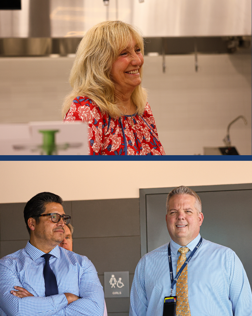 Two photos of people looking at the new DSD CTE buildings.