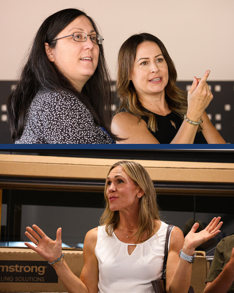 Two photos of Davis School Board members looking at buildings.