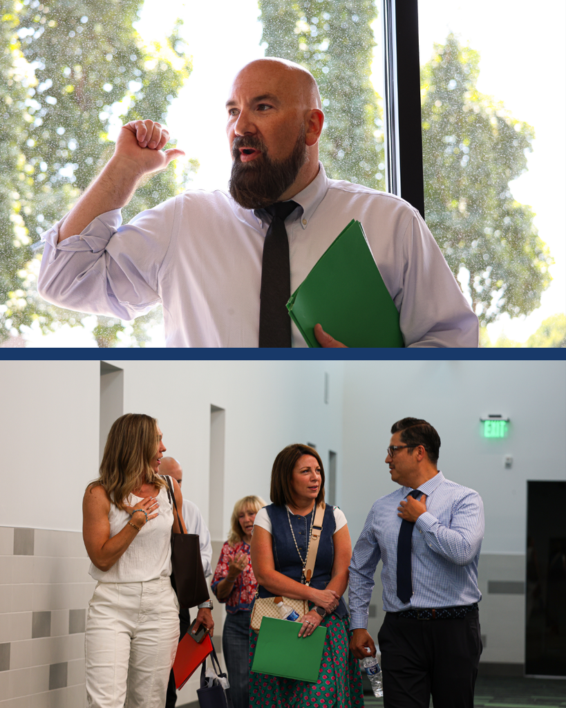 Two photos of Davis School Board members looking at buildings.