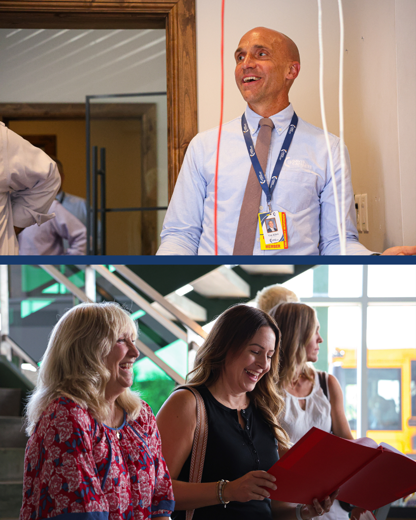 Two photos of Davis School Board members looking at buildings.