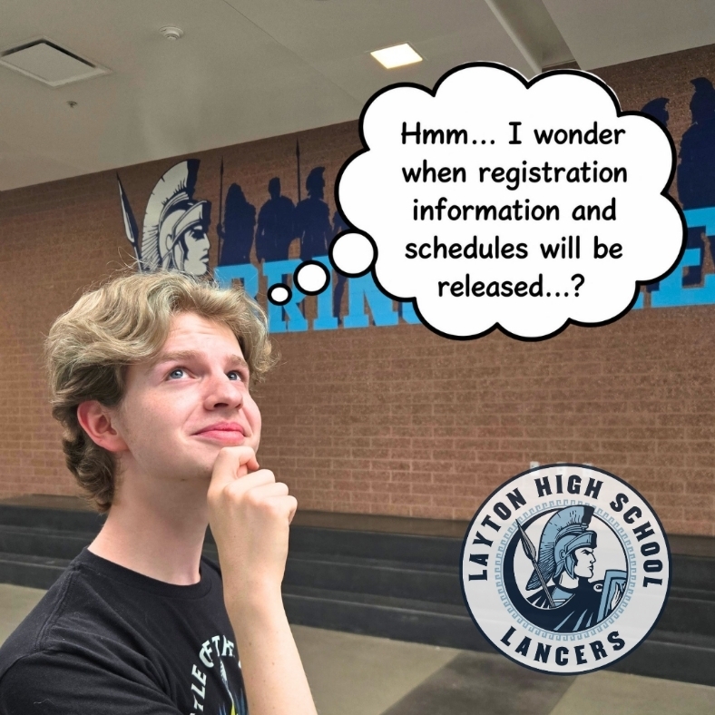 picture showing a male student with the thought bubble that reads "hmmm... I wonder when registration information and schedules will be released...?"