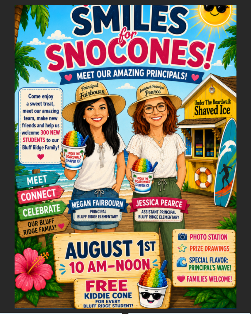 SMILE FOR SNOCONES MEET AND GET A PICTURE WITH OUR BLUFF RIDGE PRINCIPALS AUGUST 1ST 10:00AM-NOON . COME ENJOY A SWEET TREAT, MEET OUR AMAZING TEAM, MAKE NEW FRIENDS AND HELP US WELCOME 300 NEW STUDENTS TO OUR BLUFF RIDGE FAMILY! FREEE KIDDIE CONE FOR EVERY BLUFF RIDGE STUDENTS!