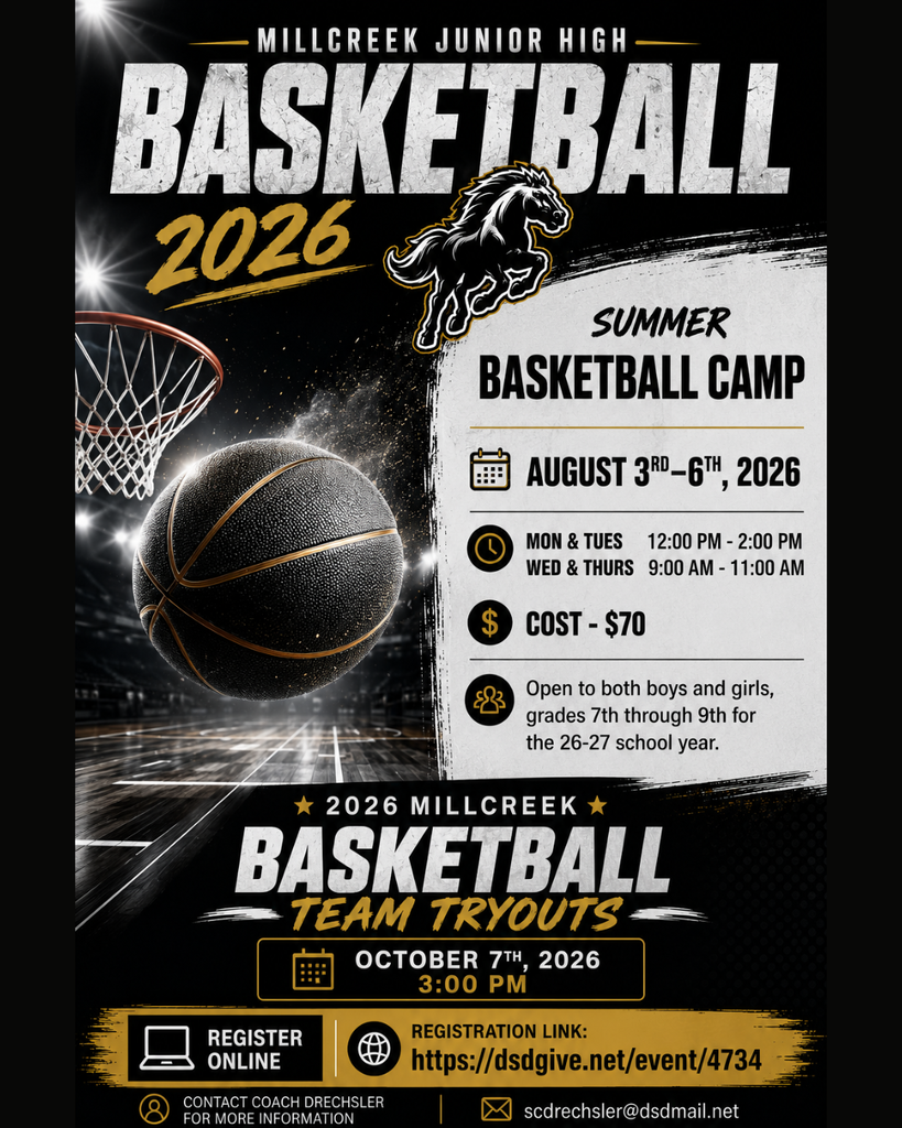 Millcreek Junior summer basketball camp August 3rd to 6th. Come Monday and Tuesday from noon to 2 and Wednesday and Thursday from 9 to noon. The cost is $70 and is open to all 7th to 9th graders.