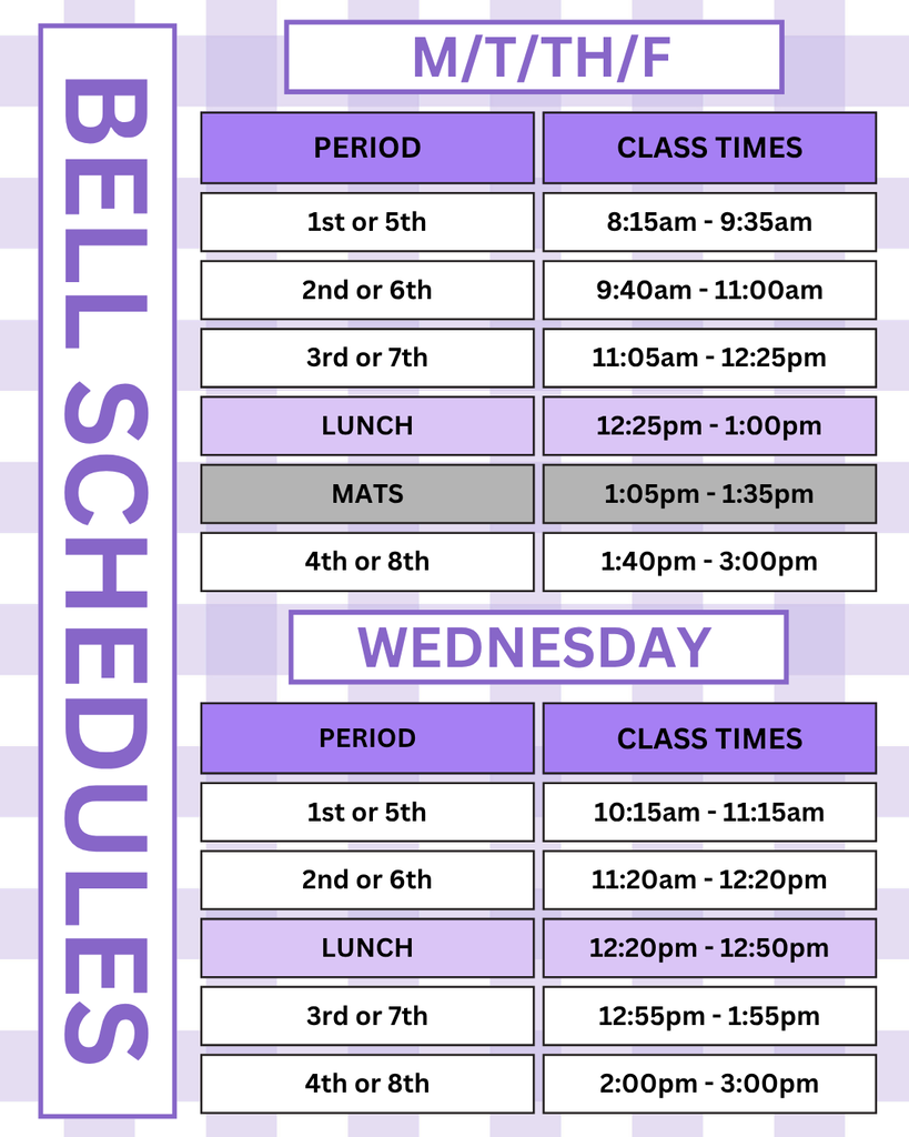 Bell schedule. Monday, Tuesday, Thursday, Friday school is from 8:15am to 3pm. Classes are 80min long. 5min passing periods. Lunch is 12:25pm to 1:00pm. Wednesday is late start. School is 10:15am to 3pm. 60min classes with 5min passing periods. Lunch is 12:20-12:50