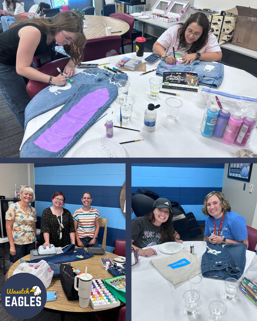Collage of three photos showing a denim decorating activity in a classroom or staff workspace. In the top photo, two people sit at a table painting designs on blue denim jackets using acrylic paints, markers, brushes, and stencils. Art supplies, cups of water, paint bottles, and a marker set are spread across the table. One jacket has large painted sections in purple and white.  In the lower-left photo, three people stand behind a table displaying a decorated denim item and various crafting supplies, including paint markers, bags, and a tumbler. A circular graphic in the corner reads “Wasatch Eagles” with an eagle logo.  In the lower-right photo, two people sit at a table working on denim and fabric projects. A canvas tote bag with the word “cricut” in blue lettering is visible alongside cups of water, paint supplies, and folded denim. Blue striped walls and craft materials in the background emphasize the creative workshop setting.